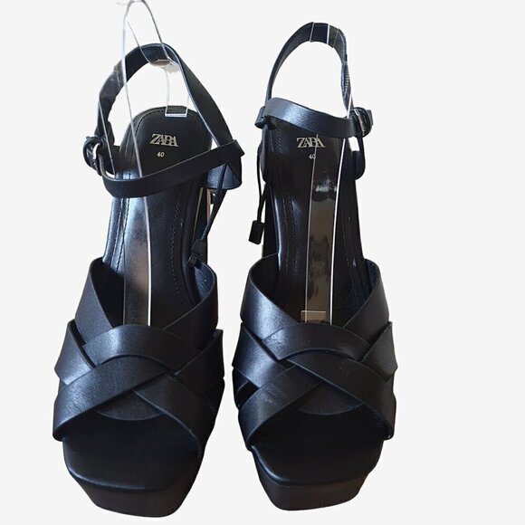 ZARA Black Leather High Heel  Crisscross Straps Platforms EU 40 - Picture 4 of 9
